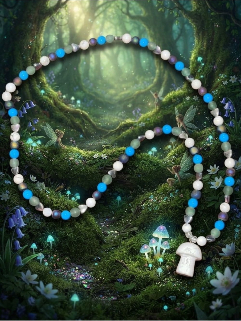 Mycelia Moonwhisper Necklace (Howlite, Turquoise, Rainbow Druzy) - Picture 2 of 3
